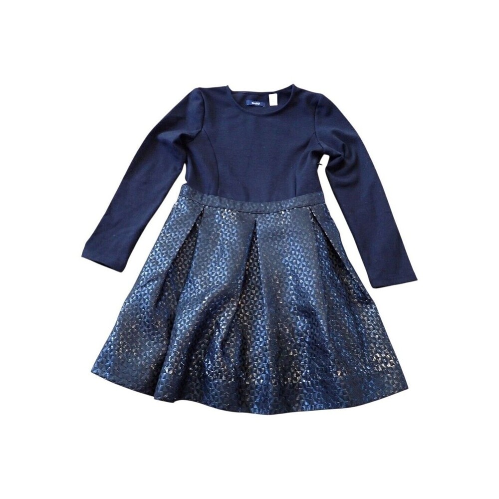 Okaidi Dress Girls 8 Navy Textured Sparkle Pleated Skirt Long Sleeve Party